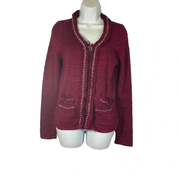 White House Black Market Cardigan Sweater Ruffle Chain Trim Hook And Eye Closure - Picture 1 of 8